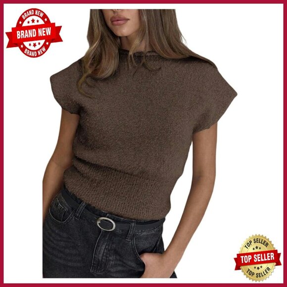 Sweaters - Fuzzy Knit Pullover Sweater Cap Sleeve Crew Neck Fall Casual Tops
